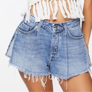 Forever 21 Recycled Cotton Frayed Raw-Cut Denim Shorts
